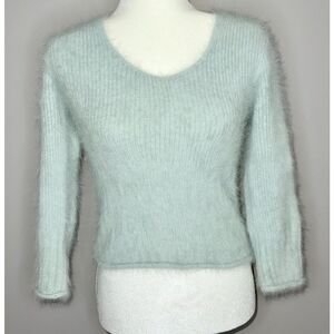 Vtg Express Angora Rabbit Hair Sweater V Neck Y2K Crop Fairy Fuzzy Soft Mint Med